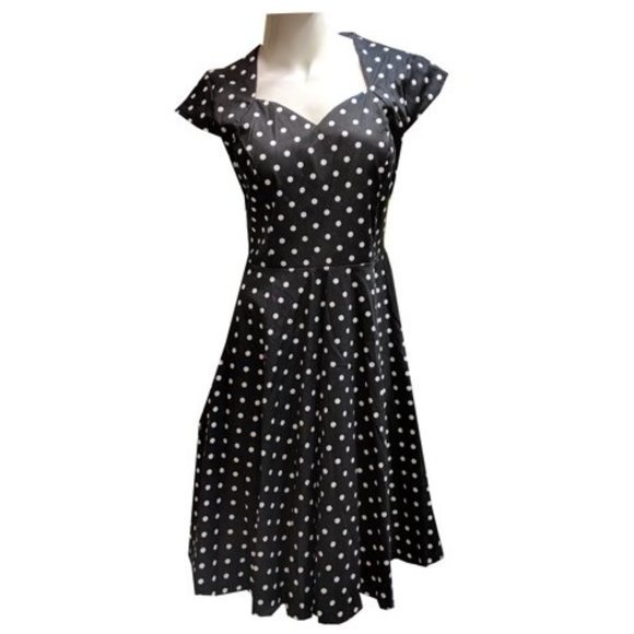 Vintage 50s Audrey Hepburn‎ Style Polka Dots Women's Petite Dress in Black - Picture 1 of 3